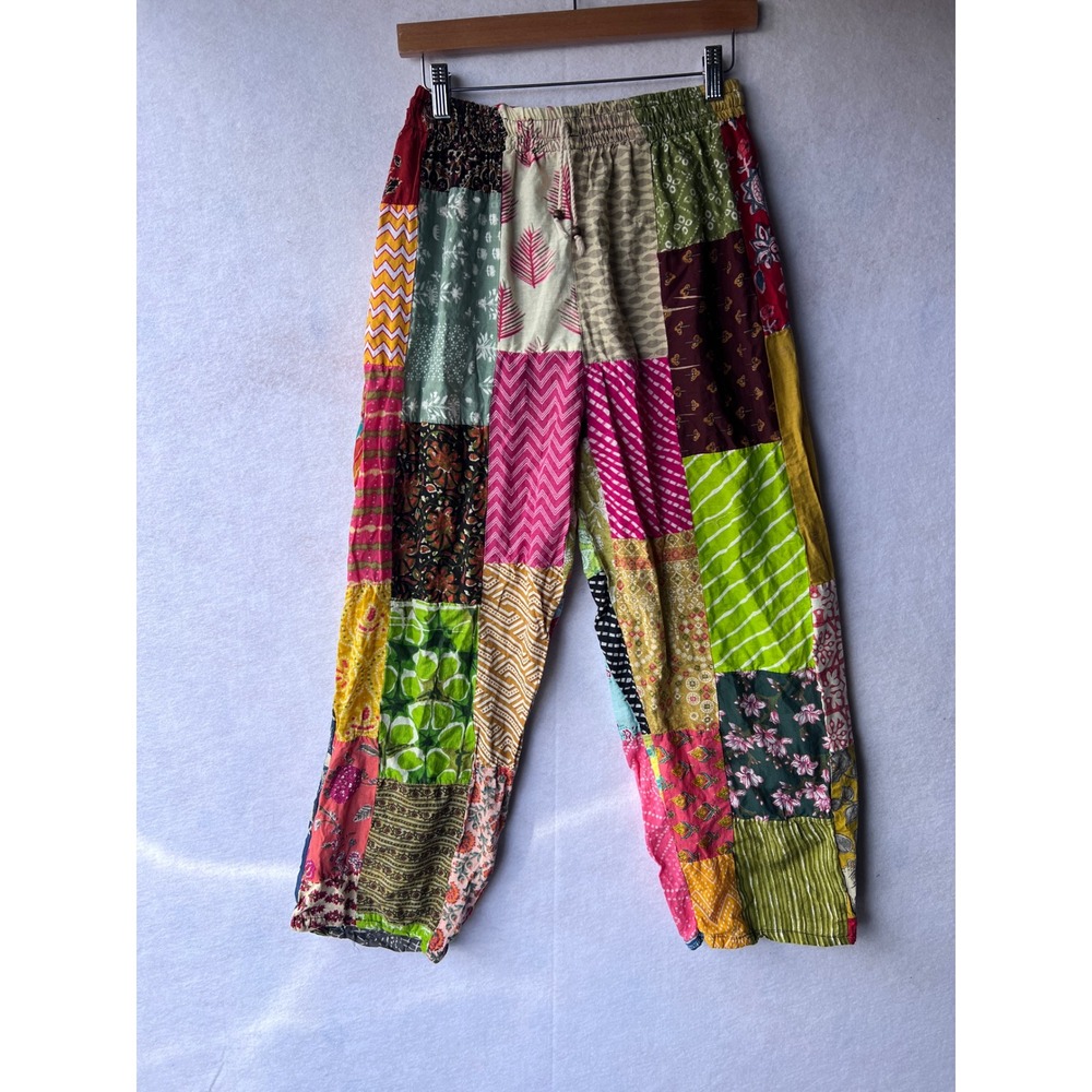 Kathmandu Imports Patchwork Cotton Boho Pants Multi Color Elastic Waist India